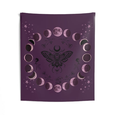 Purple Moon Phase Tapestry - Full View of Moth and Lunar Cycle Design | Our Phoenix Rise