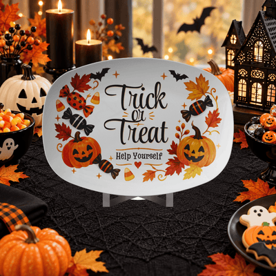 Trick or Treat Halloween Candy Platter - Front View with Pumpkins and Leaves | Our Phoenix Rise