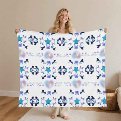 Blue Pink Unicorn Snowflake Flannel Blanket - Model Holding Full Pattern | Our Phoenix Rise
