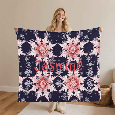 Personalized Snowflake Flannel Blanket - Woman Holding, Red Snowflakes | Our Phoenix Rise