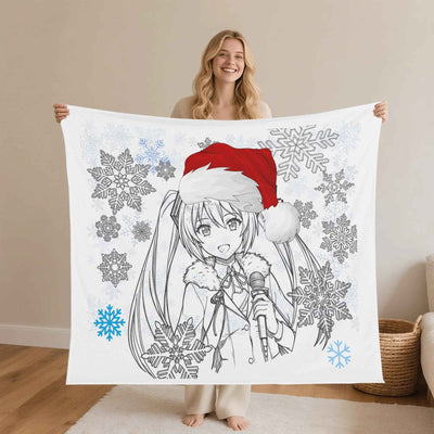 Christmas Anime Girl Flannel Fleece Blanket - Front View with Santa Hat Design | Our Phoenix Rise