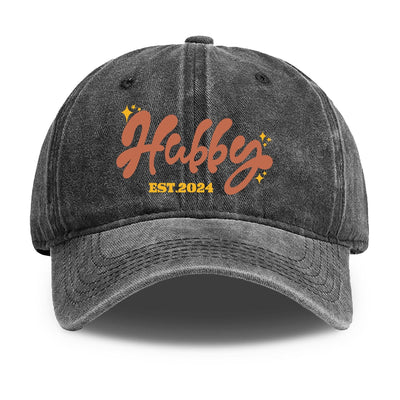 Hubby EST 2024 Baseball Cap - Front view, distressed black denim | Our Phoenix Rise