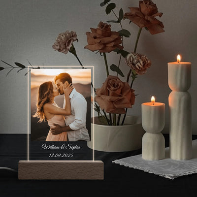 Personalized Photo Night Light - Couple kissing at sunset in cozy room | Our Phoenix Rise
