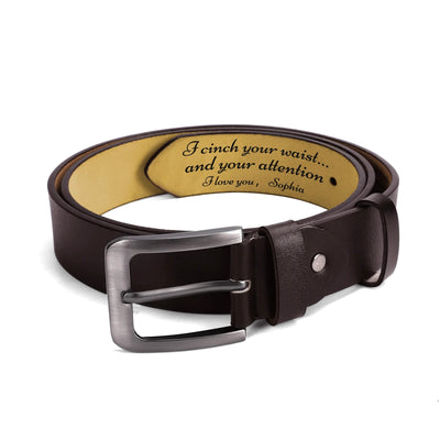 Personalized Engraved Brown Leather Belt - laid flat with inscription | Our Phoenix Rise