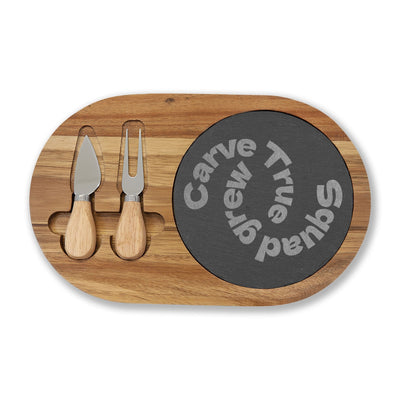 Personalized Acacia Slate Charcuterie Board - Oval design with 'Carve True Grew Squad' engraving and two cheese knives | Our Phoenix Rise