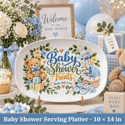 Blue Baby Shower Serving Platter, 10×14 in Teddy Bear Dessert Tray