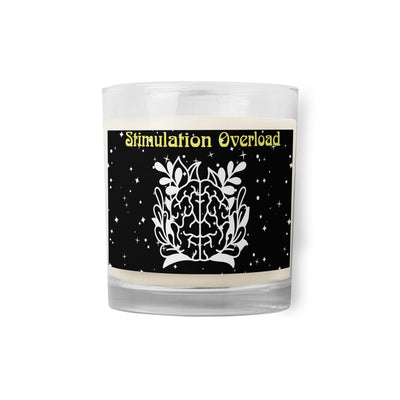 Stimulation Overload Soy Candle - Front view of clear glass jar with white wax and black label | Our Phoenix Rise