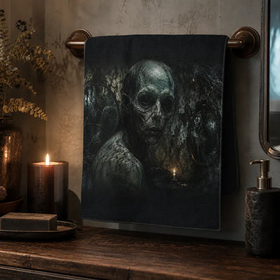 Goth Bathroom Decor Face Towel - Folded on Vanity with Candle | Our Phoenix Rise