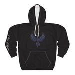 Black hoodie with a winged logo on a white background