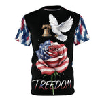 Patriotic Freedom T-Shirt - flat lay with American flag rose design | Our Phoenix Rise