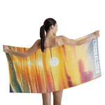 Personalized Sunset Beach Bath Towel - Model Displaying Full Sunset Graphic | Our Phoenix Rise