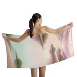 Personalized Nature Sunrise Bath Towel - Model Holding Open Landscape Design | Our Phoenix Rise