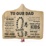 Personalized Dad Hero Hooded Blanket - full flat lay with custom footprint design and text | Our Phoenix Rise