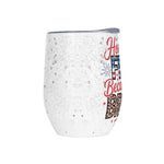 Personalized Patriotic 12oz Wine Tumbler - Angled view with lid | Our Phoenix Rise
