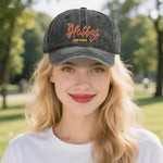 Hubby EST 2024 Baseball Cap - Detail of design, distressed black denim | Our Phoenix Rise