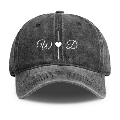 Personalized Initial Denim Baseball Cap - Black with W D heart design, front view | Our Phoenix Rise