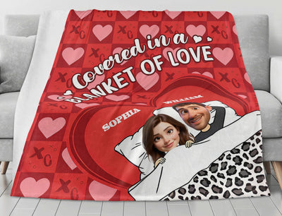 Personalized Couple Blanket with Names - Close-up of cartoon faces and red heart design | Our Phoenix Rise