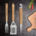 Personalized Grilling Tool Set - spatula, fork, tongs upright on dark surface | Our Phoenix Rise