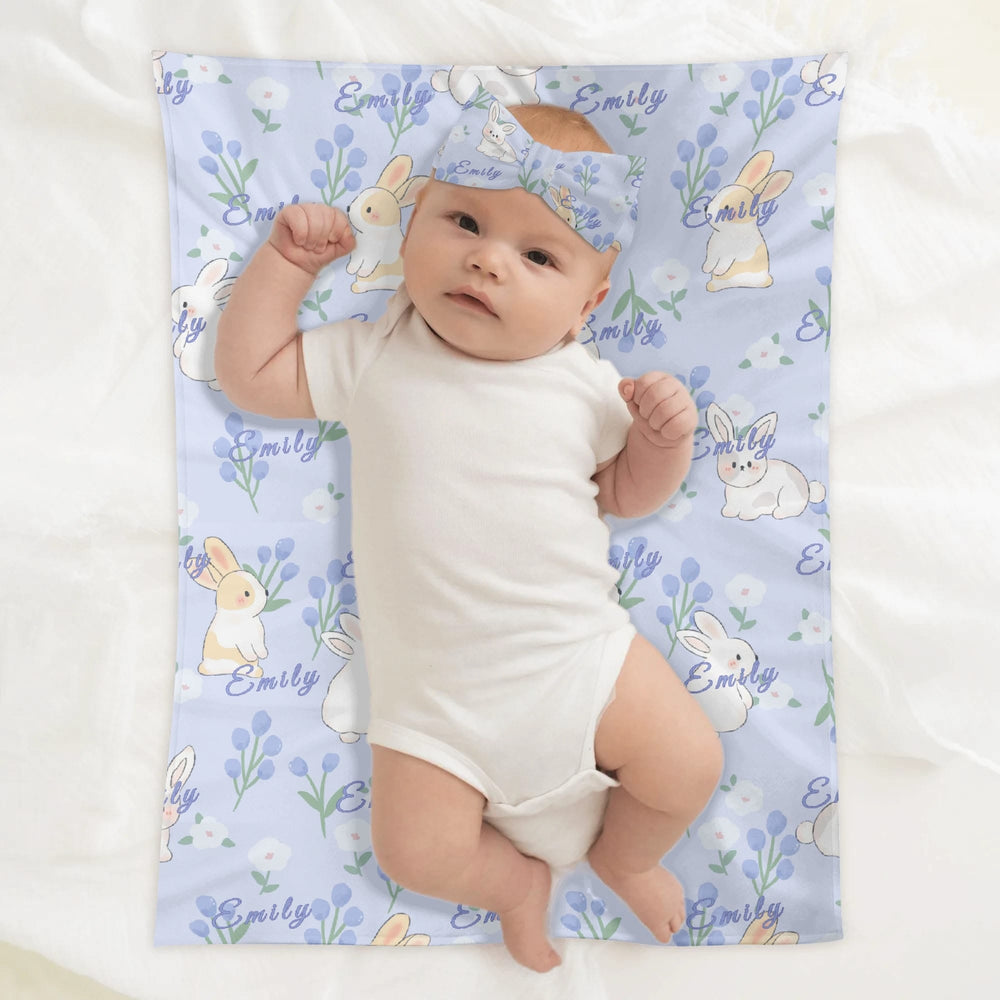 Personalized Baby Bunny Blanket Beanie Set