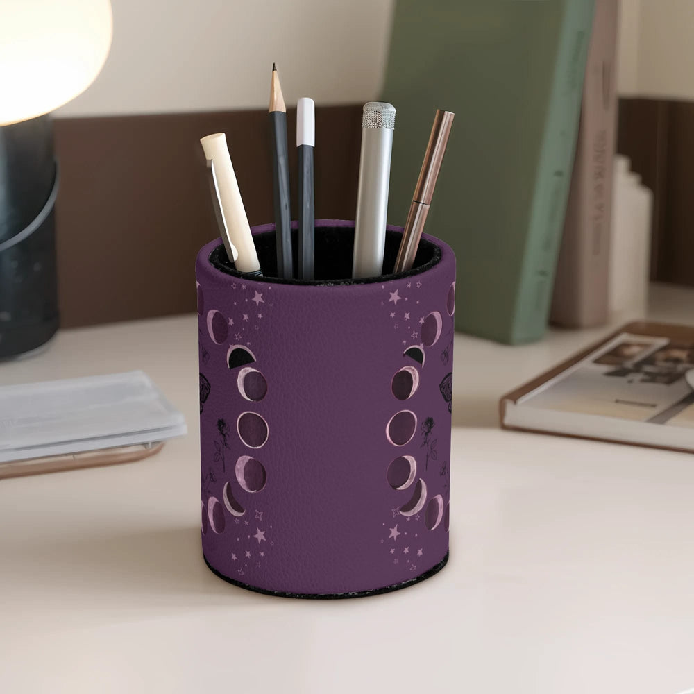 Elegant Moth and Moon Pattern PU Leather Desk Organizer for Pens, Scissors, and Makeup Brushes