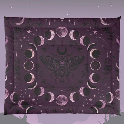 Purple Moon Phase Comforter - Full View with Moth and Skull Design | Our Phoenix Rise