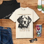 Golden Retriever Shirt for Dog Lovers - Khaki tee on hanger, front | Our Phoenix Rise