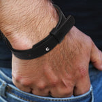Personalized Engraved Black Leather Bracelet Men - Close up of engraving | Our Phoenix Rise