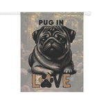Pug Love Garden Flag - close up of pug graphic with 'PUG IN LOVE' text | Our Phoenix Rise