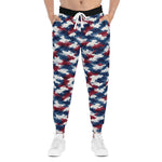 Red White Blue Houndstooth Joggers - Model Wearing Joggers with Hands in Pockets | Our Phoenix Rise