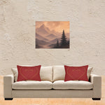 Misty Mountain Sunrise Canvas Wall Art - Living Room Mockup with Red Heart Pillows | Our Phoenix Rise