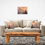 Misty Mountain Sunrise Canvas Wall Art - Living Room Mockup with Mountain Pillows | Our Phoenix Rise