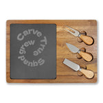 Personalized Acacia Slate Charcuterie Board - Large rectangular with 'Carve True Grew Squad' and three cheese knives | Our Phoenix Rise