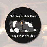 Sleeping Dog Lover Round Wood Sign - Front view with rustic background | Our Phoenix Rise
