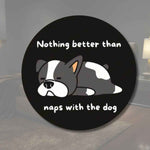 Sleeping Dog Lover Round Wood Sign - Angled perspective on solid background | Our Phoenix Rise