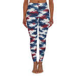 Patriotic Watercolor Camo Leggings - front view, red white blue pattern | Our Phoenix Rise