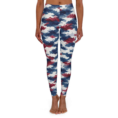 Patriotic Watercolor Camo Leggings - front view, red white blue pattern | Our Phoenix Rise