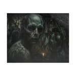 A completed jigsaw puzzle featuring a dark, eerie portrait of a zombie-like figure in a dim stone setting, with a small candle glowing near the bottom center, shown against a plain white background.