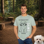 Maltese Dog Lover T-Shirt - Woman wearing White tee on park bench | Our Phoenix Rise