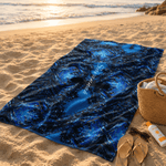 Personalized Blue Geometric Beach Towel - Laid Out on Sandy Beach | Our Phoenix Rise
