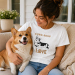 Corgi Love Graphic T-Shirt - Woman petting Corgi in white tee | Our Phoenix Rise