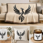 Phoenix Silhouette Woven Blanket - Draped over sofa with matching pillow | Our Phoenix Rise