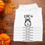 Funny Husky Dog Hoodie - Model Wearing White Sweatshirt Indoors | Our Phoenix Rise