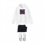 A white pullover hoodie with a square graphic print on the chest depicting a dark purple bat surrounded by moon phases on a dark purple background.
