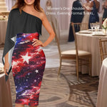 A woman models a one-shoulder midi dress with a black draped shoulder panel and a fitted skirt featuring a red, blue, and white galaxy star pattern. The background shows a blurred event hall with tables and chairs.