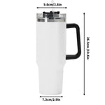 Christmas tumbler with black handle and measurements on a white background