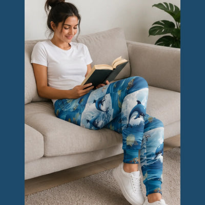 Dolphin Print Athletic Joggers - Woman Reading on Sofa | Our Phoenix Rise