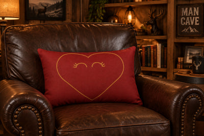 Red Heart Lumbar Pillow - Gold Heart Design with Lashes on White Background | Our Phoenix Rise