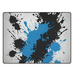 Blue Black Paint Splatter Area Rug - top down abstract design close up | Our Phoenix Rise