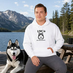 Funny Husky Dog Hoodie - Lifestyle View of White Hoodie in Nature | Our Phoenix Rise