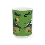 Green mug with outdoor design and text on a white background